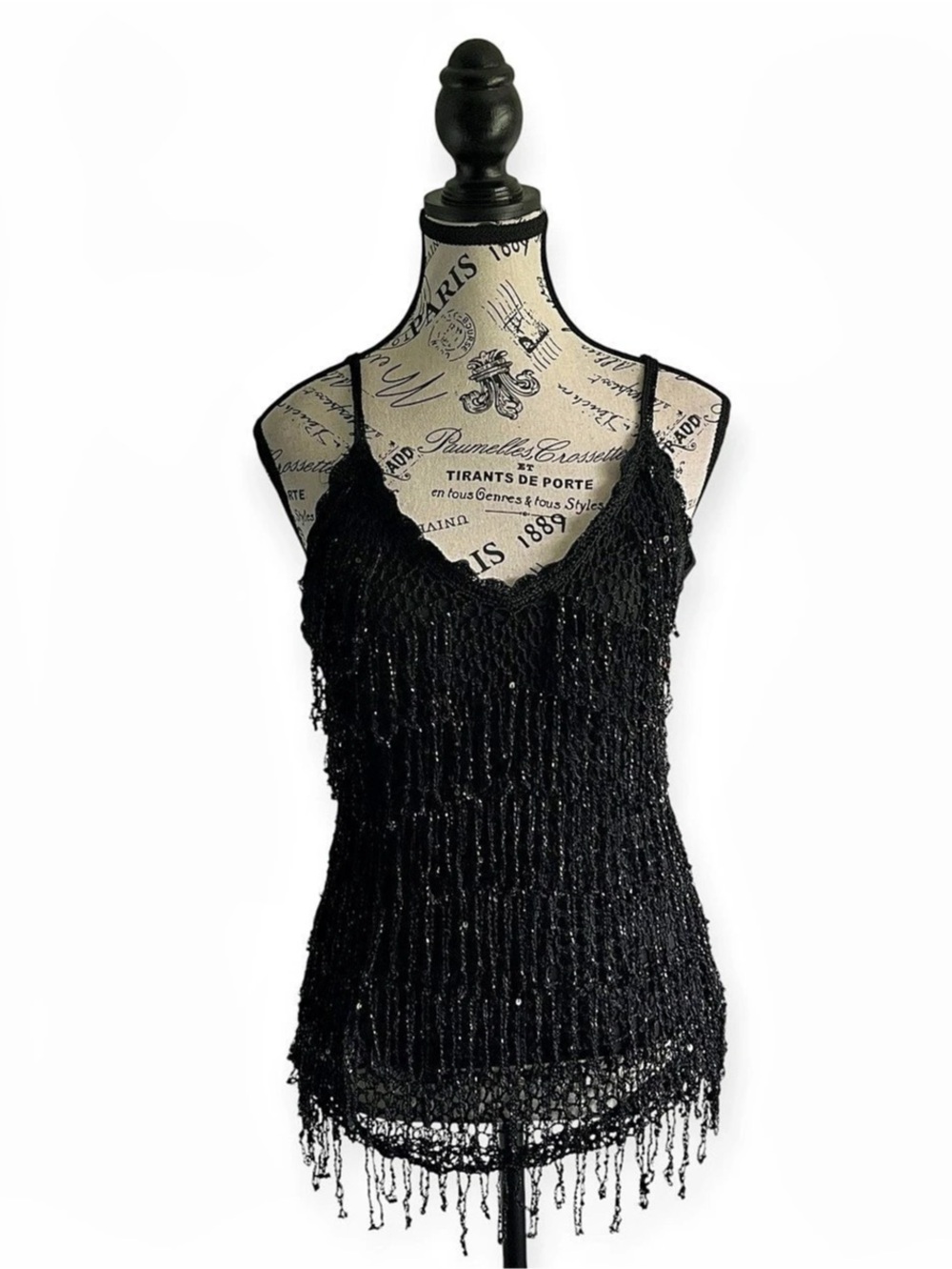 Vintage 90s Y2K does 20s Black Beaded Sequins Fringe Mesh Crochet Camisole